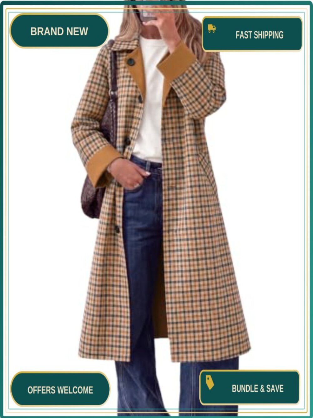 Reversible Plaid Trench Coat Long Windproof Overcoat